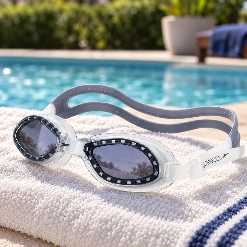 Cena ilustrativa dos óculos Speedo Legend transparentes com lente fumê sobre toalha à beira de piscina descoberta